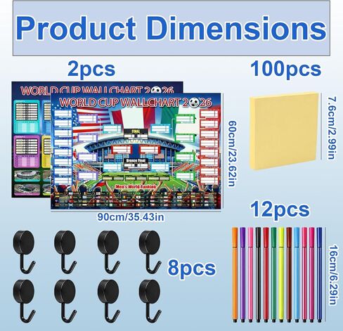 2026 World Cup Schedule Poster, Track Tournament Progress and Results with 2 Flags and Writing Supplies, Display Team Support, 12 Pens, 8 Hooks, and Notepad in Saudi Arabia