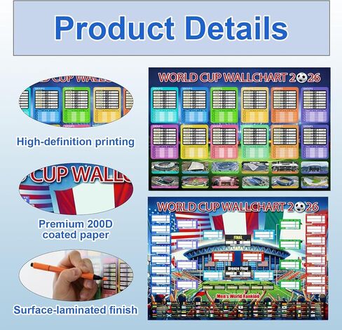 2026 World Cup Schedule Poster, Track Tournament Progress and Results with 2 Flags and Writing Supplies, Display Team Support, 12 Pens, 8 Hooks, and Notepad in Saudi Arabia