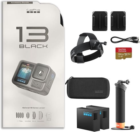 GoPro Hero13 Black 27MP Waterproof Action Camera - Special Accessory Bundle | 5.3K60 Ultra HD Video w/Handler, 2 Enduro 1900mAh Batteries, 64GB Extreme microSDXC Memory Card and Head Strap 2.0 in Kuwait