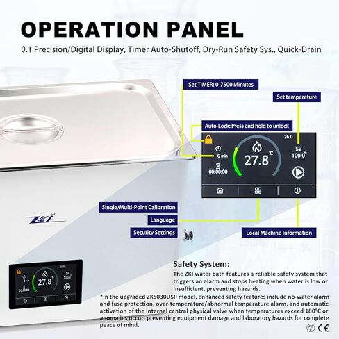 ZKI 20L Thermostatic Water Bath, 1400W, ±0.1°C Accuracy, Single/Dual-Point Calibration+0.1°C Res, All-in-One Uniform Heating, Digital Touchscreen, 9-Piece Kit for Lab, Clinical, Industrial Use (110V) in Kuwait
