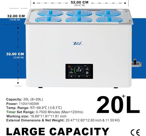 ZKI 20L Thermostatic Water Bath, 1400W, ±0.1°C Accuracy, Single/Dual-Point Calibration+0.1°C Res, All-in-One Uniform Heating, Digital Touchscreen, 9-Piece Kit for Lab, Clinical, Industrial Use (110V) in Kuwait