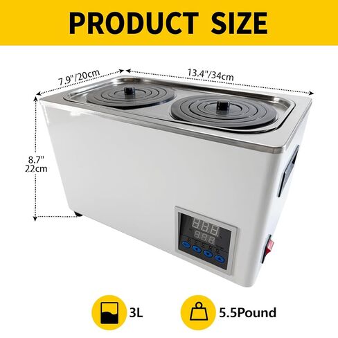 سخان حمام ماء للمختبر مع ترموستاتي رقمي، أجهزة تسخين كهربائية، بطانة من الفولاذ المقاوم للصدأ، سعة 6 لتر، 2 فتحة قابلة للاختيار للتجربة المعملية - DE100-2 in Kuwait