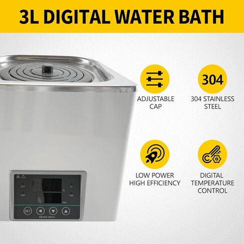 سخان حمام ماء للمختبر مع ترموستاتي رقمي، أجهزة تسخين كهربائية ببطانة من الفولاذ المقاوم للصدأ سعة 3 لتر، فتحة واحدة قابلة للتحديد للتجربة المعملية - DE100-1 in Kuwait