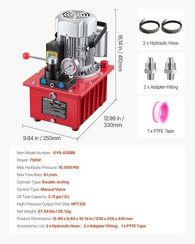 VEVOR Electric Hydraulic Pump, 750W 10,000 PSI, 120V Double Acting Electric Driven Hydraulic Pump Power Pack Unit, with Manual Valve, 2.1 Gallon / 8L, for Punching, Bending, Double Acting Cylinders in Saudi Arabia