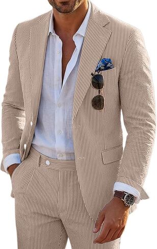 Seersucker Mens Suit 2 قطعة Slim Fit Stripe Suits Tuxedo Blazer Jackets Set Summer Beach Wedding Weddfit for Men in Saudi Arabia