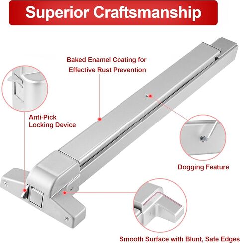 قفل باب شريط الدفع مع 6 مفاتيح، أجهزة باب خروج الطوارئ مقاس 31 بوصة مع مقبض، جهاز خروج الذعر بشريط الدفع التجاري من الألومنيوم يناسب الأبواب الخشبية والمعدنية مقاس 31 بوصة - 47 بوصة، متوافق مع اليسار/اليمين in Kuwait