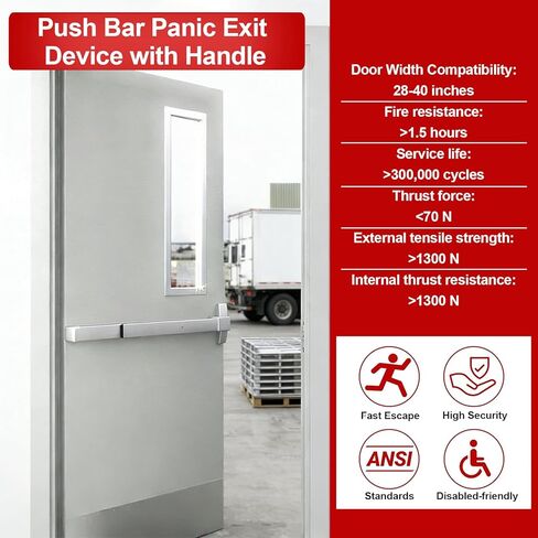 قفل باب شريط الدفع مع 6 مفاتيح، أجهزة باب خروج الطوارئ مقاس 31 بوصة مع مقبض، جهاز خروج الذعر بشريط الدفع التجاري من الألومنيوم يناسب الأبواب الخشبية والمعدنية مقاس 31 بوصة - 47 بوصة، متوافق مع اليسار/اليمين in Kuwait