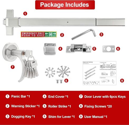 قفل باب شريط الدفع مع 6 مفاتيح، أجهزة باب خروج الطوارئ مقاس 31 بوصة مع مقبض، جهاز خروج الذعر بشريط الدفع التجاري من الألومنيوم يناسب الأبواب الخشبية والمعدنية مقاس 31 بوصة - 47 بوصة، متوافق مع اليسار/اليمين in Kuwait