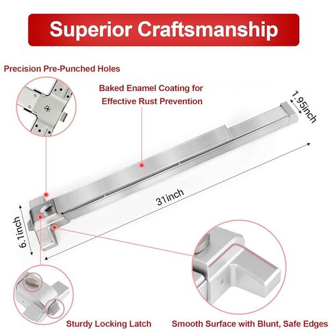 جهاز خروج الذعر مع مقبض، أجهزة باب خروج الطوارئ من الألومنيوم مقاس 31 بوصة مع 6 مفاتيح، قفل باب الطوارئ التجاري يناسب الأبواب الخشبية والمعدنية مقاس 31 بوصة - 47 بوصة، متوافق مع اليسار/اليمين in Kuwait