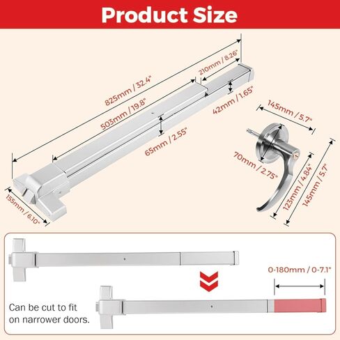 جهاز خروج الذعر مع مقبض، أجهزة باب خروج الطوارئ من الألومنيوم مقاس 31 بوصة مع 6 مفاتيح، قفل باب الطوارئ التجاري يناسب الأبواب الخشبية والمعدنية مقاس 31 بوصة - 47 بوصة، متوافق مع اليسار/اليمين in Kuwait