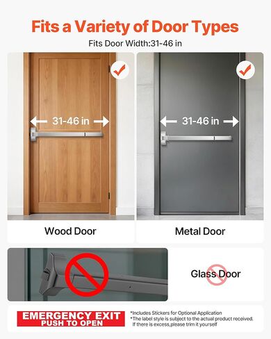 VEVOR Push Bar Panic Exit Device, 28" Premium Metal Commercial Panic Bar for Exit Doors, Emergency Exit Door Hardware with Warning Sticker, Easy Installation, for 28"-41" Wood or Metal Door, Silver in Saudi Arabia