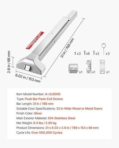 VEVOR Push Bar Panic Exit Device, 28" Premium Metal Commercial Panic Bar for Exit Doors, Emergency Exit Door Hardware with Warning Sticker, Easy Installation, for 28"-41" Wood or Metal Door, Silver in Saudi Arabia