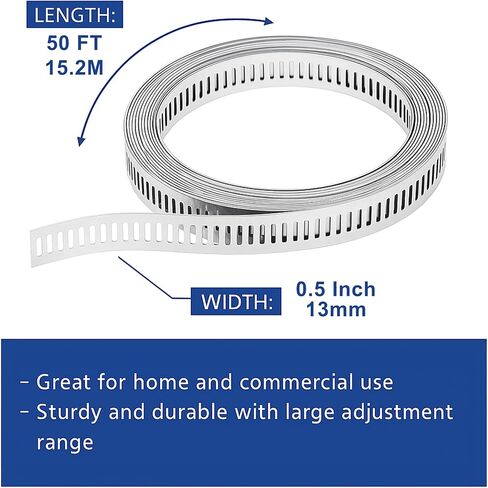 Mandala Crafts 50 FT Adjustable Worm Gear Hose Clamps 304 Stainless Steel Pipe Clamps - Metal Straps Band Strapping with Holes 30 Fasteners for Duct Automotive Mechanical in Saudi Arabia