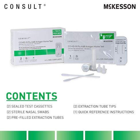 McKesson Consult COVID-19/Flu A&B Antigen At-Home Test Kit (20 Tests) - Easy Self-Test with Rapid Results in 15 Minutes, OTC Nasal Swab, Ages 2+ (10 Boxes, 2 Tests per Box) in Saudi Arabia