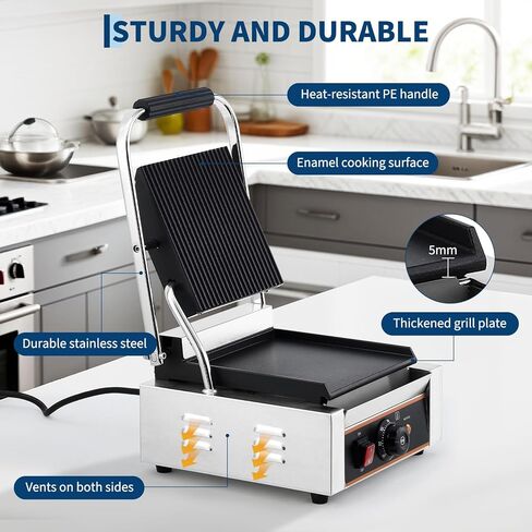 YS-811C 1800W Commercial Panini Press & Electric Grill, 9x9 Inch Sandwich Maker with 6-Temp Control, 110V Indoor Grill for Burgers, Panini, Breakfast, Silver in Saudi Arabia