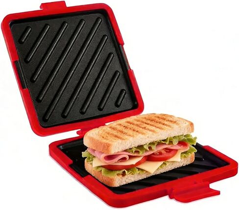 Microwave Toastie Sandwich Maker, Quick Grill Pan with Metal Tray, Non-Stick Silicone, Compact Size 6.6 x 6.3 x 1.2 in, Easy to Clean, No Preheating Required, Red in Saudi Arabia