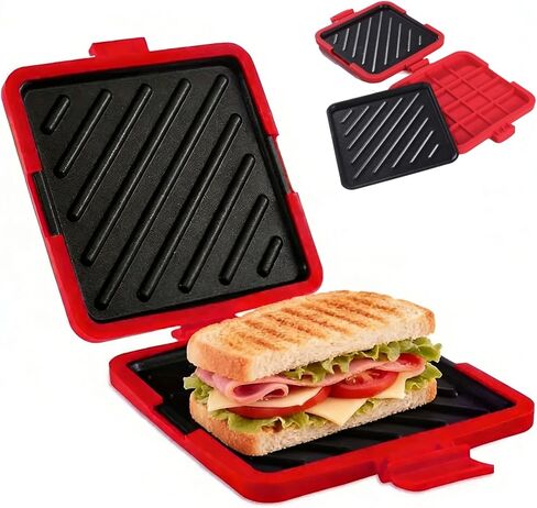 Microwave Toastie Sandwich Maker, Quick Grill Pan with Metal Tray, Non-Stick Silicone, Compact Size 6.6 x 6.3 x 1.2 in, Easy to Clean, No Preheating Required, Red in Saudi Arabia