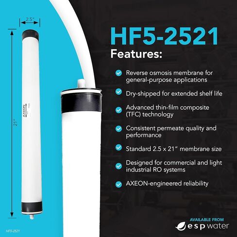 غشاء Axeon HF5-2521 RO - عنصر التناضح العكسي 400 GPD - خرطوشة فلتر تجارية 2.4 بوصة × 21 بوصة - تدفق عالي، طاقة منخفضة للغاية - تناسب أنظمة سلسلة AT، HT، L1 - 208083 in Kuwait