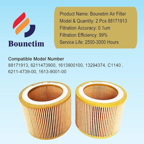 2 Pcs 88171913 Air Filter Element Compatible with Ingersoll Rand Air Compressor Replacement Part, High-Efficiency Filtration Cartridge 6211473900 1613900100 13294374 C1140 6211-4739-00 1613-9001-00 in Kuwait