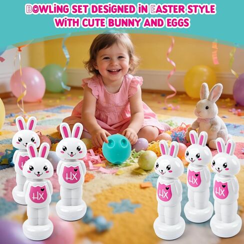 Easter Bunny Bowling Set Bowling Easter Game for Kids Adults Family,6 Pins and 1 Balls for Easter Party Games Indoor Outdoor Holiday Activities in Kuwait