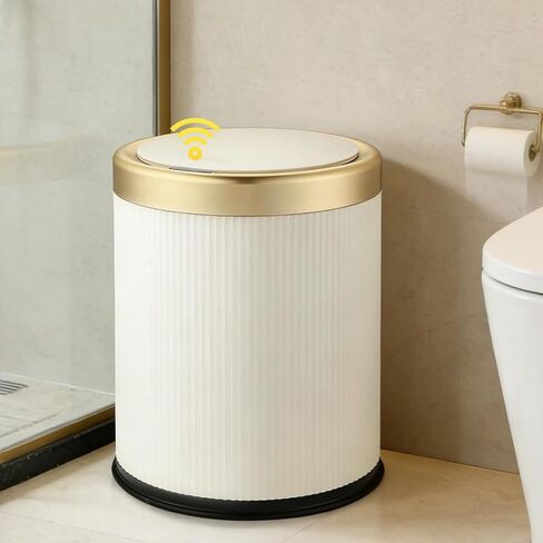 URALFA Automatic Motion Sensor Bathroom Trash Can with Lid, 10.5 Liter / 2.8 Gallon Touchless Trash Bin, Smart Dog Proof Garbage Can, Small Waste Basket for Toilet, Office, Bedroom (Cream White) in Kuwait