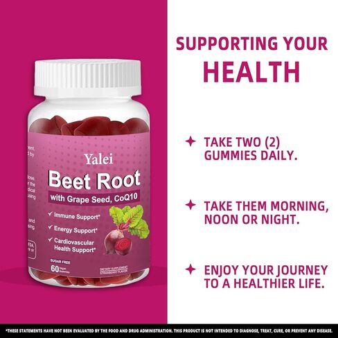 Beet Root Gummies for Blood Pressure | Sugar-Free | Beetroot Supplement with 1000 mg Beet Root, 1000 mg Grape Seed Extract & 200 mg CoQ10 | Vegan Non-GMO | Strawberry Flavor in Kuwait