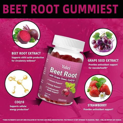 Beet Root Gummies for Blood Pressure | Sugar-Free | Beetroot Supplement with 1000 mg Beet Root, 1000 mg Grape Seed Extract & 200 mg CoQ10 | Vegan Non-GMO | Strawberry Flavor in Kuwait