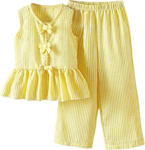 Verdusa Girl's 2 Piece Striped Outfits Bow Knot Ruffle Peplum Tank Top and Wide Leg Pants Set in Saudi Arabia