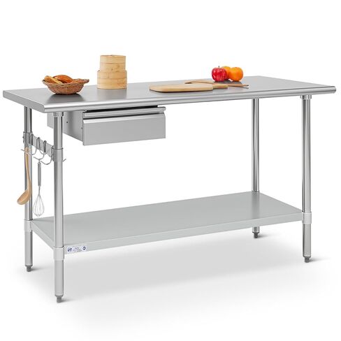 طاولة إعداد هالي من الفولاذ المقاوم للصدأ مقاس 60.96 × 60 بوصة مع باكسبلاش، طاولة عمل تجارية معتمدة من NSF مع درج، مقلاة من الفولاذ المقاوم للصدأ قابلة للإزالة، رف سفلي وخطاف جانبي للمطعم، المنزل، المرآب in Kuwait