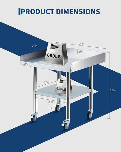Garvee Stainless Steel Work Table, 24x24x26 Inch Commercial Food Prep Worktable with Wheels, Detachable 3-Sided Backsplash & Height-Adjustable Shelf, Heavy Duty Workbench for Kitchen Restaurant Garage in Saudi Arabia