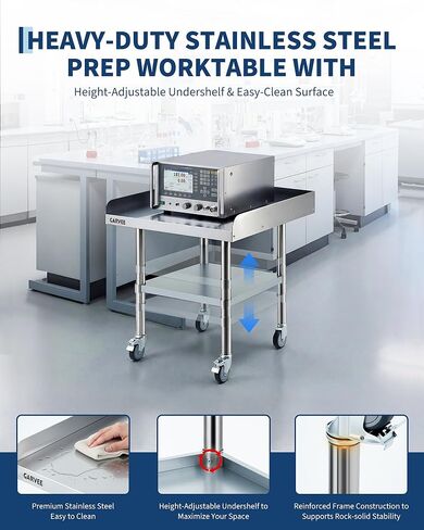 Garvee Stainless Steel Work Table, 24x24x26 Inch Commercial Food Prep Worktable with Wheels, Detachable 3-Sided Backsplash & Height-Adjustable Shelf, Heavy Duty Workbench for Kitchen Restaurant Garage in Saudi Arabia