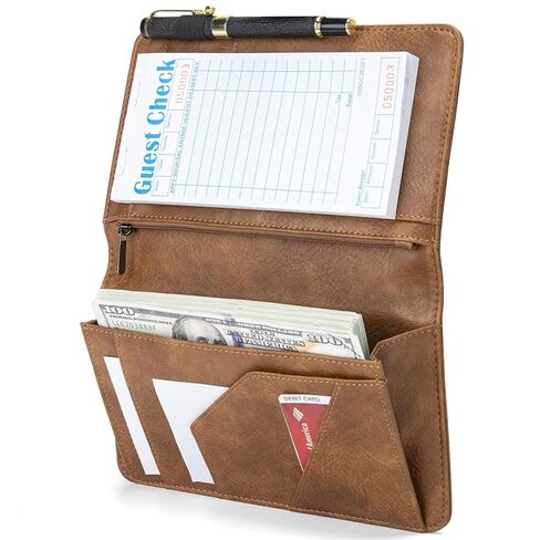 Server Book with Zipper Pocket and Magnetic Closure, Server Books for Waitress, Leather Waitstaff Organizer with High Volume Money Pocket, Fit Server Apron (Brown) in Kuwait