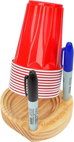 أساسيات الاستضافة: حامل المشروبات والأكواب مع فتحة قلم التحديد - يمنع الاختلاط في الحفلات وحفلات الشواء وحفلات الزفاف والطهي وأعياد الميلاد - منظم خشبي يناسب أحجام الأكواب العالمية التي يمكن التخلص منها in Kuwait