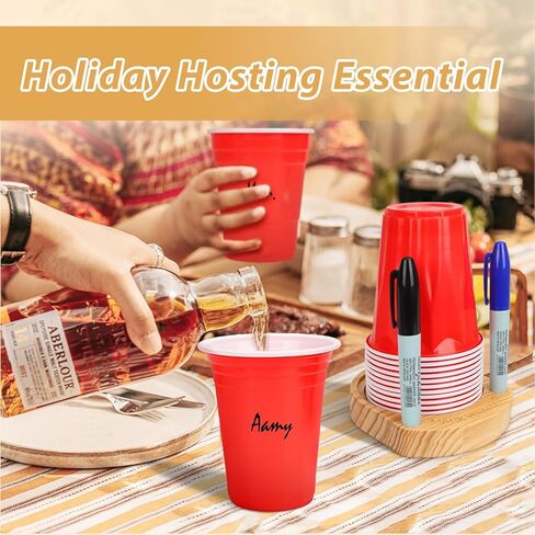 أساسيات الاستضافة: حامل المشروبات والأكواب مع فتحة قلم التحديد - يمنع الاختلاط في الحفلات وحفلات الشواء وحفلات الزفاف والطهي وأعياد الميلاد - منظم خشبي يناسب أحجام الأكواب العالمية التي يمكن التخلص منها in Kuwait