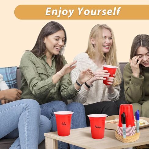 أساسيات الاستضافة: حامل المشروبات والأكواب مع فتحة قلم التحديد - يمنع الاختلاط في الحفلات وحفلات الشواء وحفلات الزفاف والطهي وأعياد الميلاد - منظم خشبي يناسب أحجام الأكواب العالمية التي يمكن التخلص منها in Kuwait