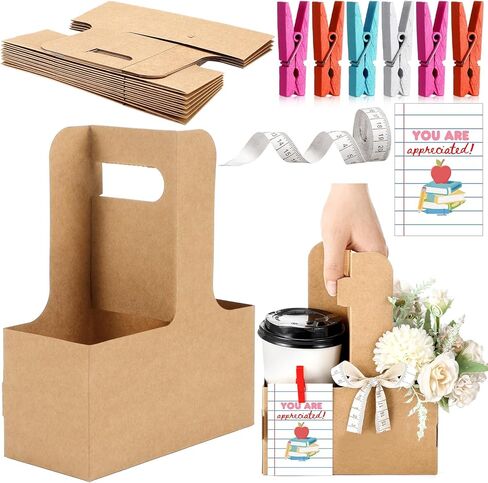 12 Set Teacher Appreciation Gifts Bulk 2 Cup Drink Carriers with Handle Ruler Ribbon Teacher Appreciation Week/day Thank You Gifts Flower Bags with Thanks Cards(Vintage,Dark Kraft Brown) in Saudi Arabia