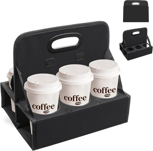 6-Cup Reusable Foldable Drink Carrier with Handle –Spill-Proof Black Drink Caddy for Delivery, Office & Catering –Sturdy Beverage Organizer with Individual Compartments for Car, Travel & Events in Kuwait