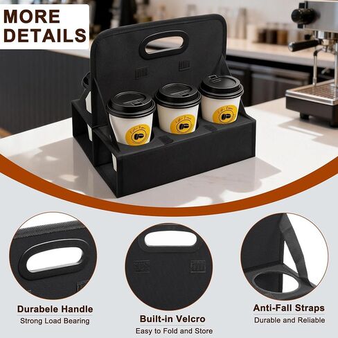 6-Cup Reusable Foldable Drink Carrier with Handle –Spill-Proof Black Drink Caddy for Delivery, Office & Catering –Sturdy Beverage Organizer with Individual Compartments for Car, Travel & Events in Kuwait