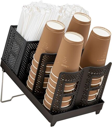Cup and Lid Holder, Disposable Paper Cup Dispenser with Stand, 6 Slots Coffee Cup and Lid Storage Holder with Straw Organizer for Coffee Station Bar Office Home Countertop Breakroom Restaurant in Saudi Arabia