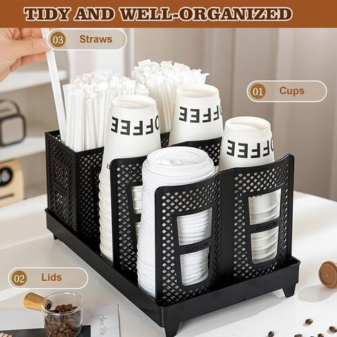 Cup and Lid Holder, Disposable Paper Cup Dispenser with Stand, 6 Slots Coffee Cup and Lid Storage Holder with Straw Organizer for Coffee Station Bar Office Home Countertop Breakroom Restaurant in Saudi Arabia