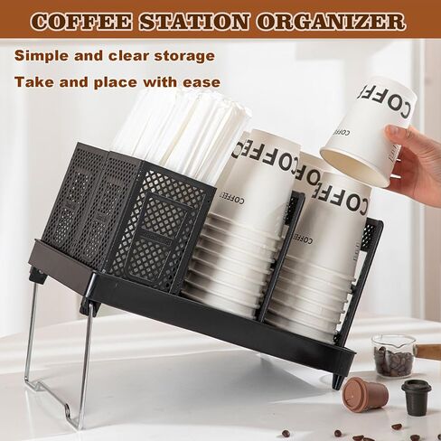 Cup and Lid Holder, Disposable Paper Cup Dispenser with Stand, 6 Slots Coffee Cup and Lid Storage Holder with Straw Organizer for Coffee Station Bar Office Home Countertop Breakroom Restaurant in Saudi Arabia