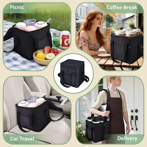 حامل مشروبات معزول بـ 4 أكواب من إنفانزيا مع مقبض - فواصل قابلة للإزالة، حامل أكواب محمول قابل للطي مع حزام كتف، حقيبة حمل مضادة للتسرب قابلة لإعادة الاستخدام لسائقي التوصيل، السيارة، السفر، النزهة in Kuwait