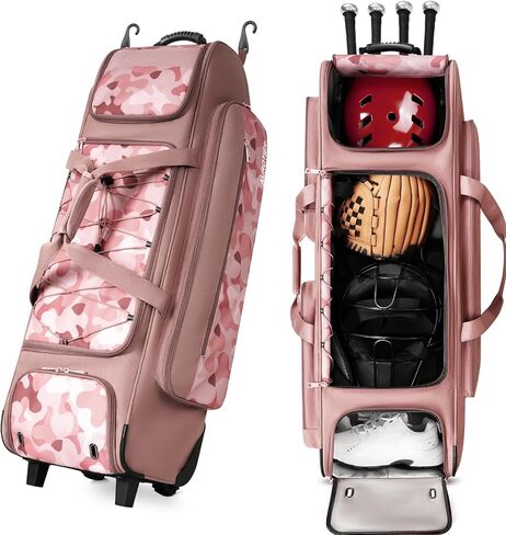 Large Rolling Baseball Catchers Gear Bag with Wheels, Wheeled Softball Bag for 4 Bats with Fence Hooks Waterproof Pocket Shoe Compartment for T-Ball Adult, Baseball Equipment Duffle Bag in Kuwait