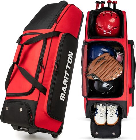 حقيبة معدات صيد البيسبول المتدحرجة بعجلات، حقيبة كبيرة لكرة البيسبول اللينة لأربعة مضارب مع حجرة للأحذية وخطافات سياج وجيوب متعددة. in Kuwait