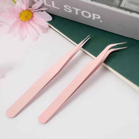 2 Pcs Craft Tweezers for Stickers,Pink Sticker Tweezers,Stainless Steel Sticker Tweezer for Scrapbooking,Straight and Curved Tip Tweezer for Lash Extensions,Crafting,Dried Flowers in Saudi Arabia