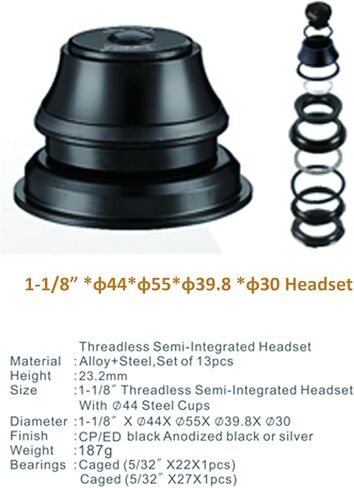 1-1/8" Threadless Bicycle Headset for 44mm-55mm Tapered Frame & 28.6 mm Straight or Tapered Steerer Tube Bike Fork (13pcs) Black in Saudi Arabia