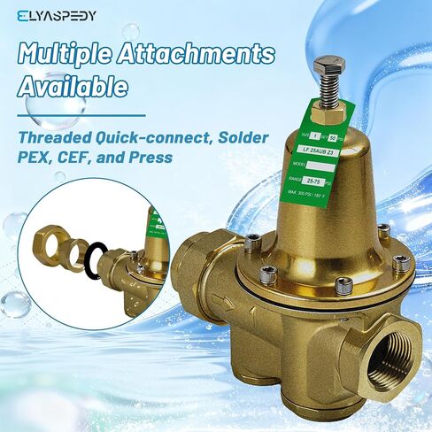 2026 صمام تخفيض ضغط المياه 1 بوصة NPT، استبدال مباشر لـ LF25AUB-Z3، قابل للتعديل 25-75 رطل لكل بوصة مربعة، الحد الأقصى 300 رطل لكل بوصة مربعة، هيكل من سبائك النحاس والسيليكون الخالي من الرصاص، مقعد بوليمر in Kuwait