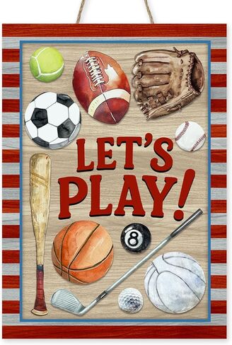 Let's Play Sports Front Door Sign, Vintage Football Baseball Basketball Volleyball Golf Billiard Tennis Wood Plaque Hanger, School Gym Wooden Wreath Wall Hanging Decor Sport Lover Player Gift in Saudi Arabia