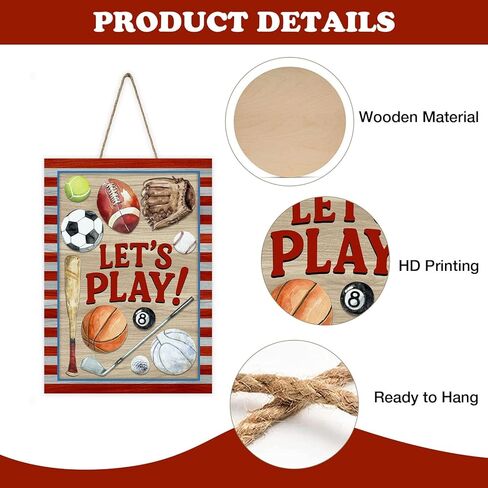 Let's Play Sports Front Door Sign, Vintage Football Baseball Basketball Volleyball Golf Billiard Tennis Wood Plaque Hanger, School Gym Wooden Wreath Wall Hanging Decor Sport Lover Player Gift in Saudi Arabia