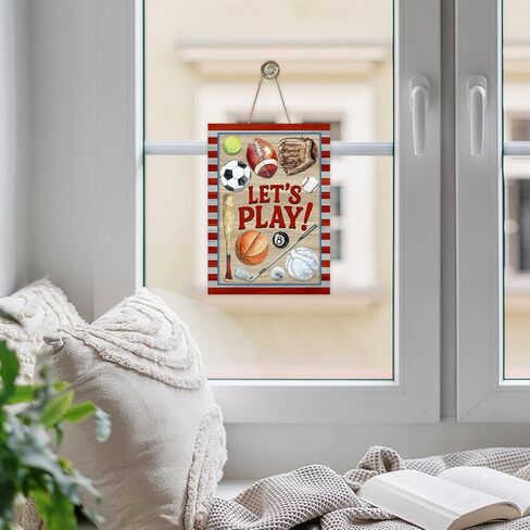 Let's Play Sports Front Door Sign, Vintage Football Baseball Basketball Volleyball Golf Billiard Tennis Wood Plaque Hanger, School Gym Wooden Wreath Wall Hanging Decor Sport Lover Player Gift in Saudi Arabia